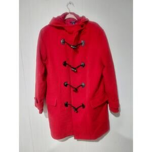 Chaps Ralph Lauren Women's XL Red Wool Winter Coat w/Hood Pockets Black Toggles